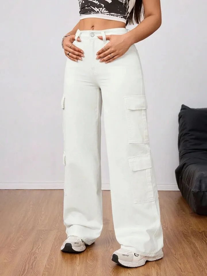 Bershka White Cargo Wideleg Jeans.