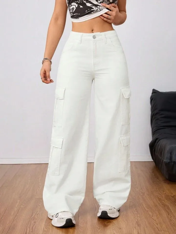 Bershka White Cargo Wideleg Jeans.