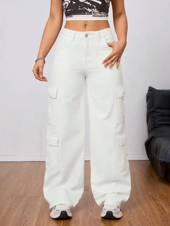 Bershka White Cargo Wideleg Jeans.