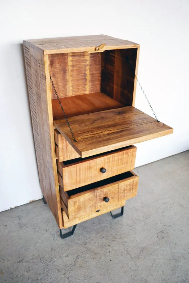 Cassettiera Industrial con ribalta in Legno Massello con Gambe in Fusione Country Rustico - 4 cassetti - BH.2519RIB