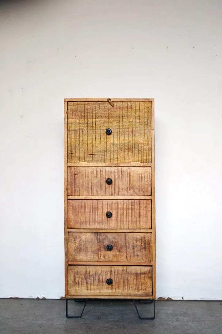 Cassettiera Industrial con ribalta in Legno Massello con Gambe in Fusione Country Rustico - 4 cassetti - BH.2519RIB
