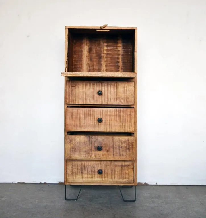 Cassettiera Industrial con ribalta in Legno Massello con Gambe in Fusione Country Rustico - 4 cassetti - BH.2519RIB