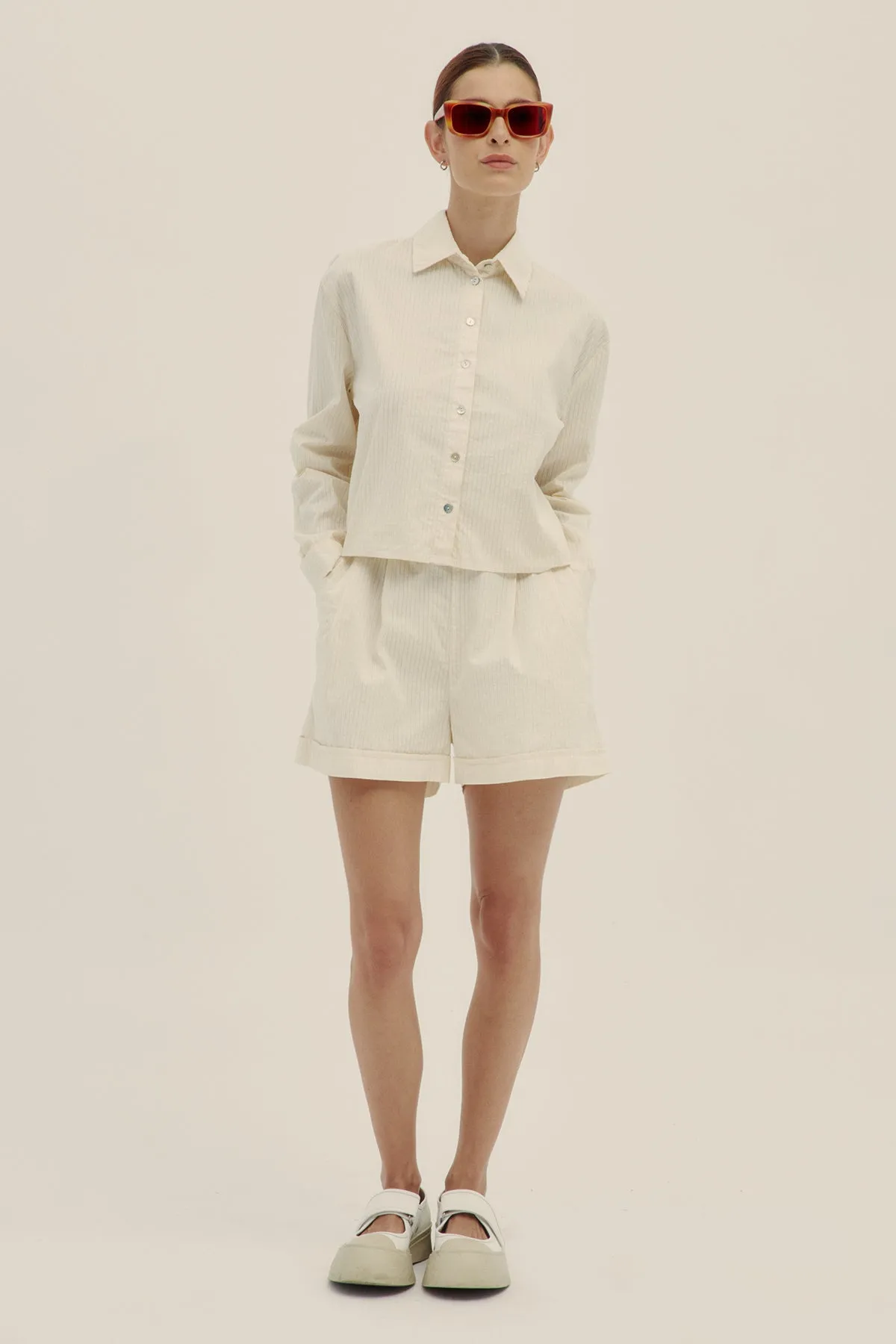 Cotton Poplin Pao Long Sleeve Shirt Safari