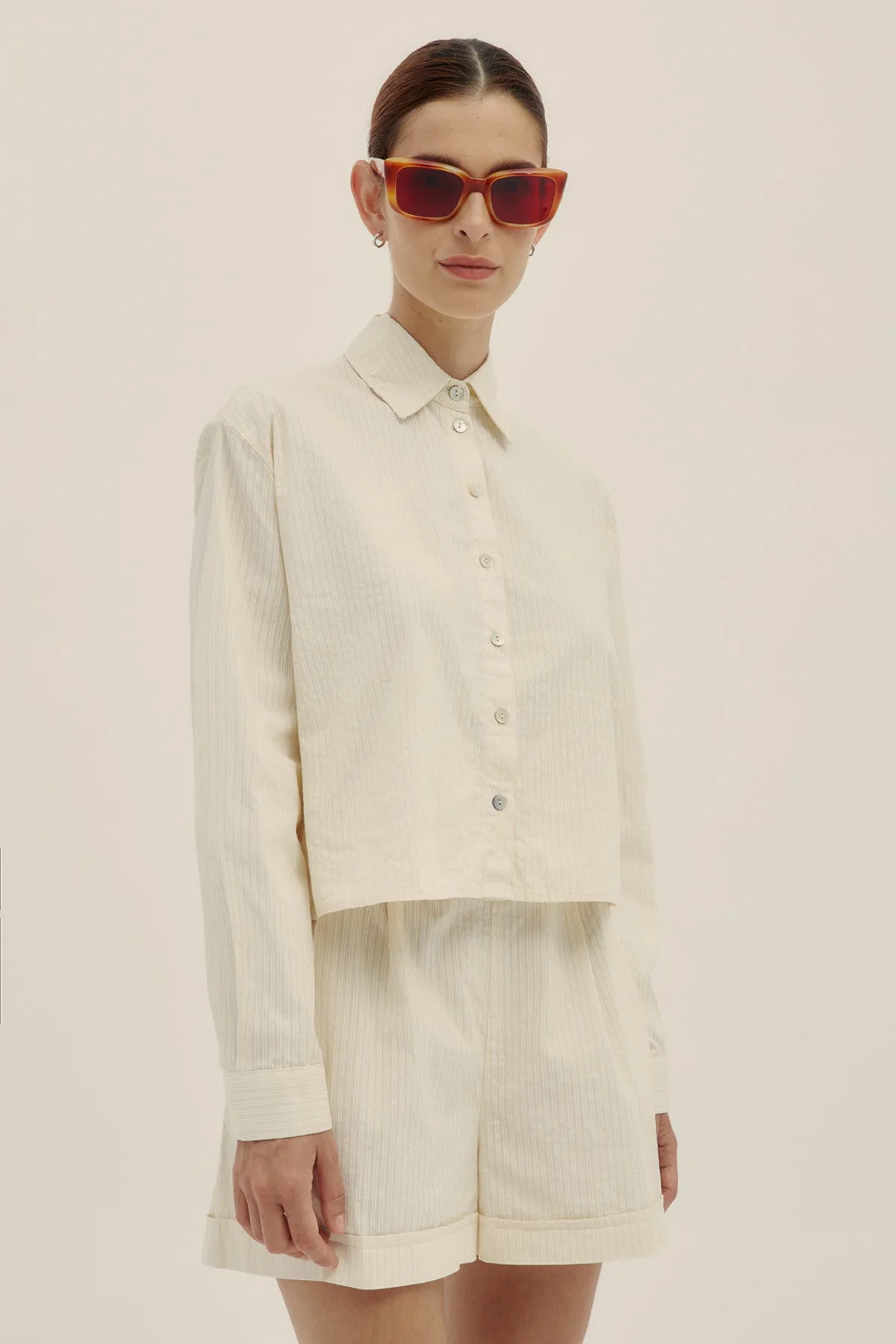 Cotton Poplin Pao Long Sleeve Shirt Safari
