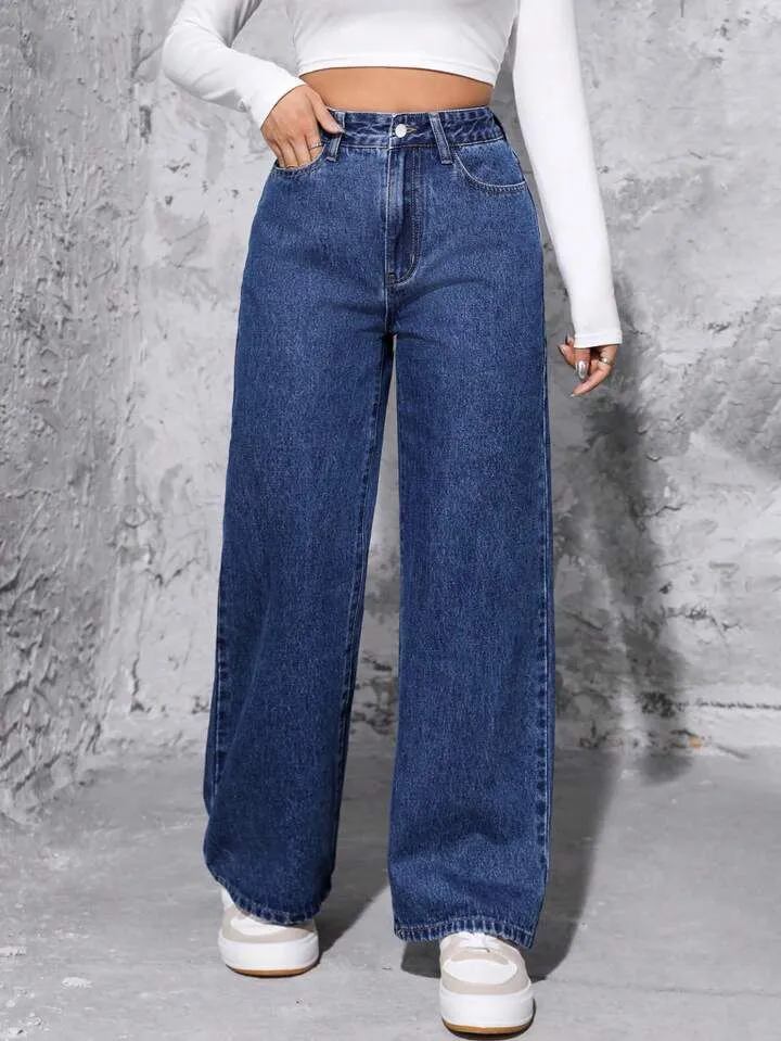 Dark Blue High-Waisted Loose Mom Jeans