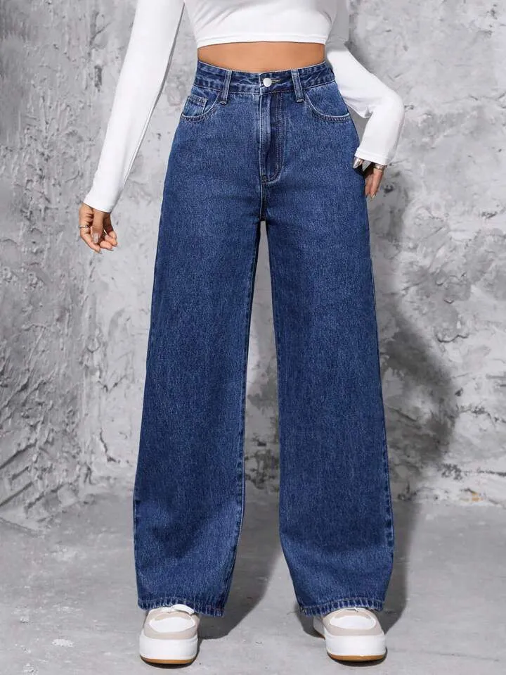 Dark Blue High-Waisted Loose Mom Jeans