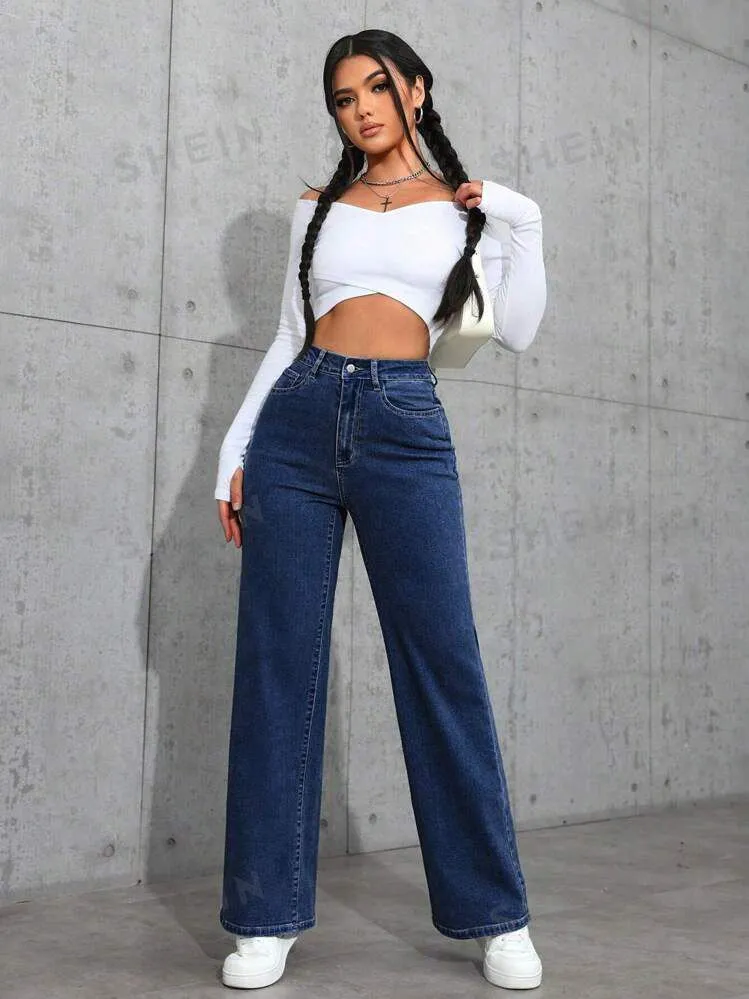 Dark Blue High-Waisted Loose Mom Jeans