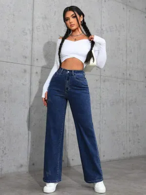 Dark Blue High-Waisted Loose Mom Jeans.