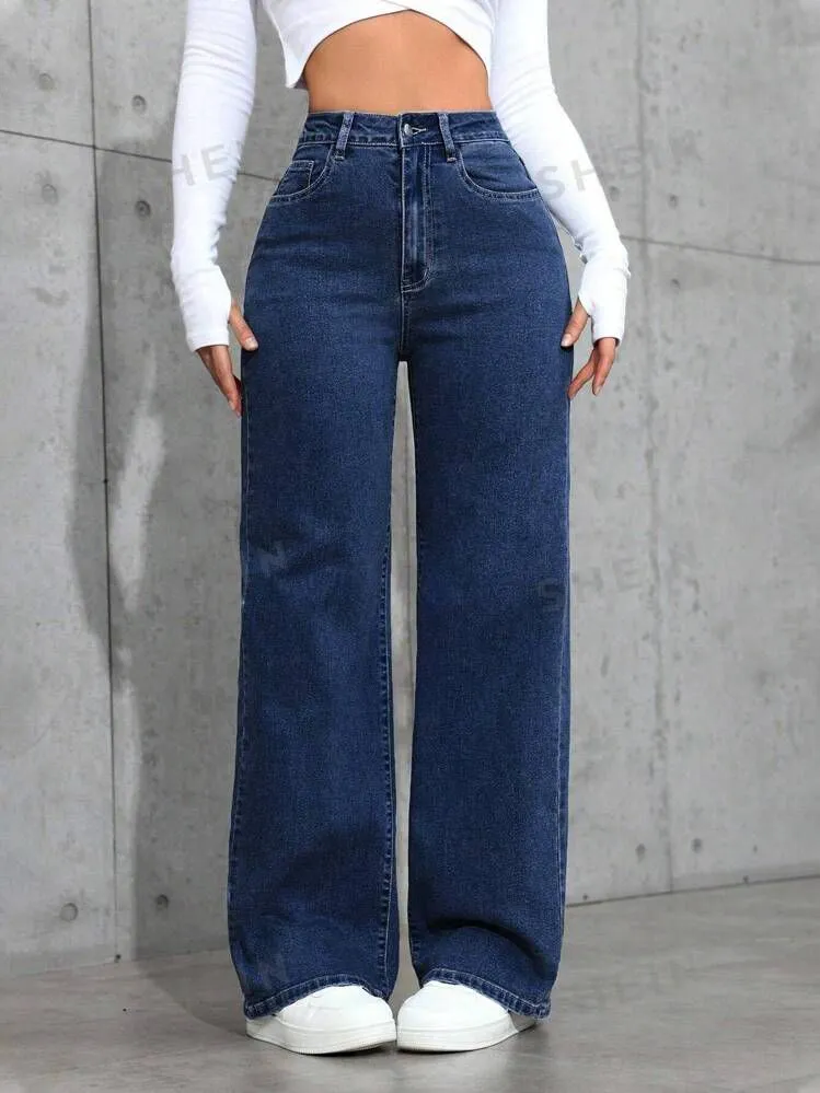 Dark Blue High-Waisted Loose Mom Jeans