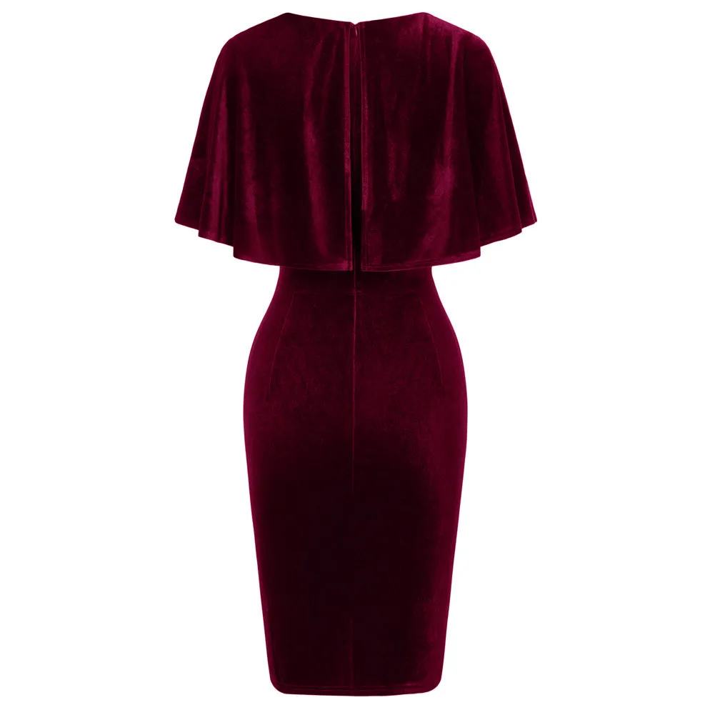Fans Look of Vintage Velvet Dress Cape Sleeve V-Neck Ruched Bodycon Dress