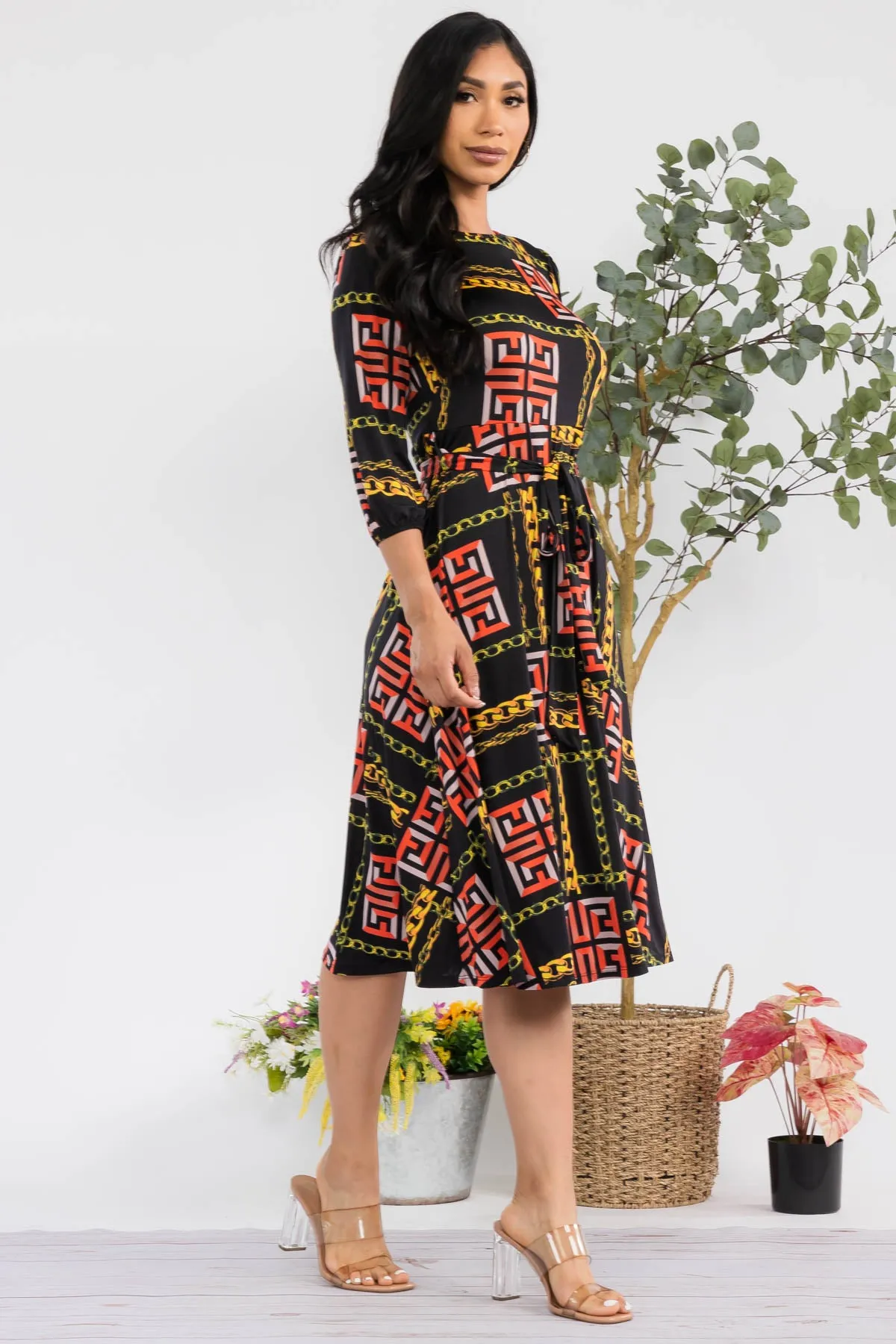 HH583R-CHAIN - SELF TIE MIDI DRESS