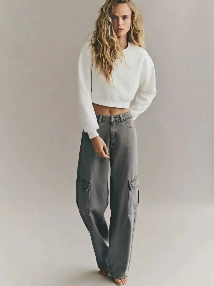MANGO Dark Grey High-Waisted Cargo Wide-Leg Jeans.