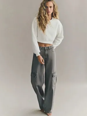 MANGO Dark Grey High-Waisted Cargo Wide-Leg Jeans.