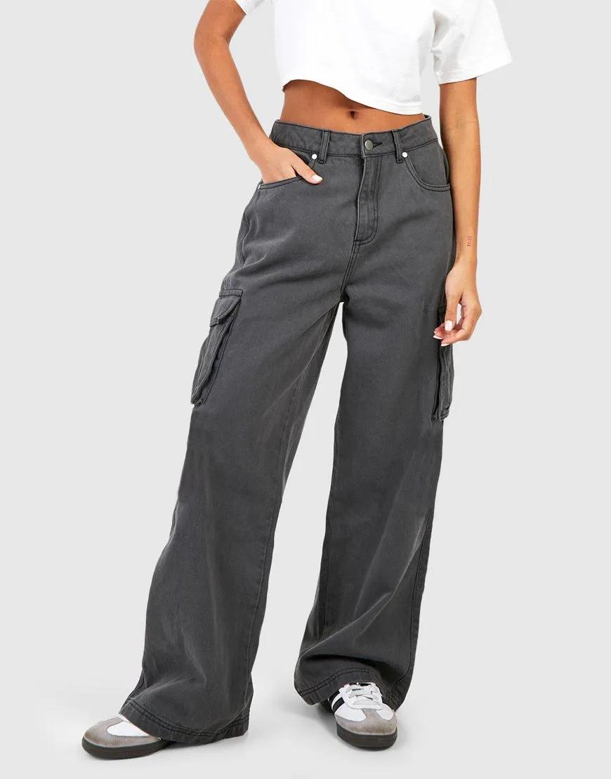 MANGO Dark Grey High-Waisted Cargo Wide-Leg Jeans.