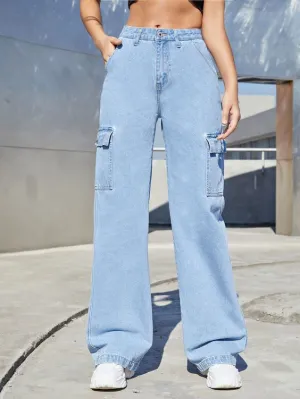 MANGO Light Blue High-Waisted Cargo Wide-Leg Jeans (Minor Fault)