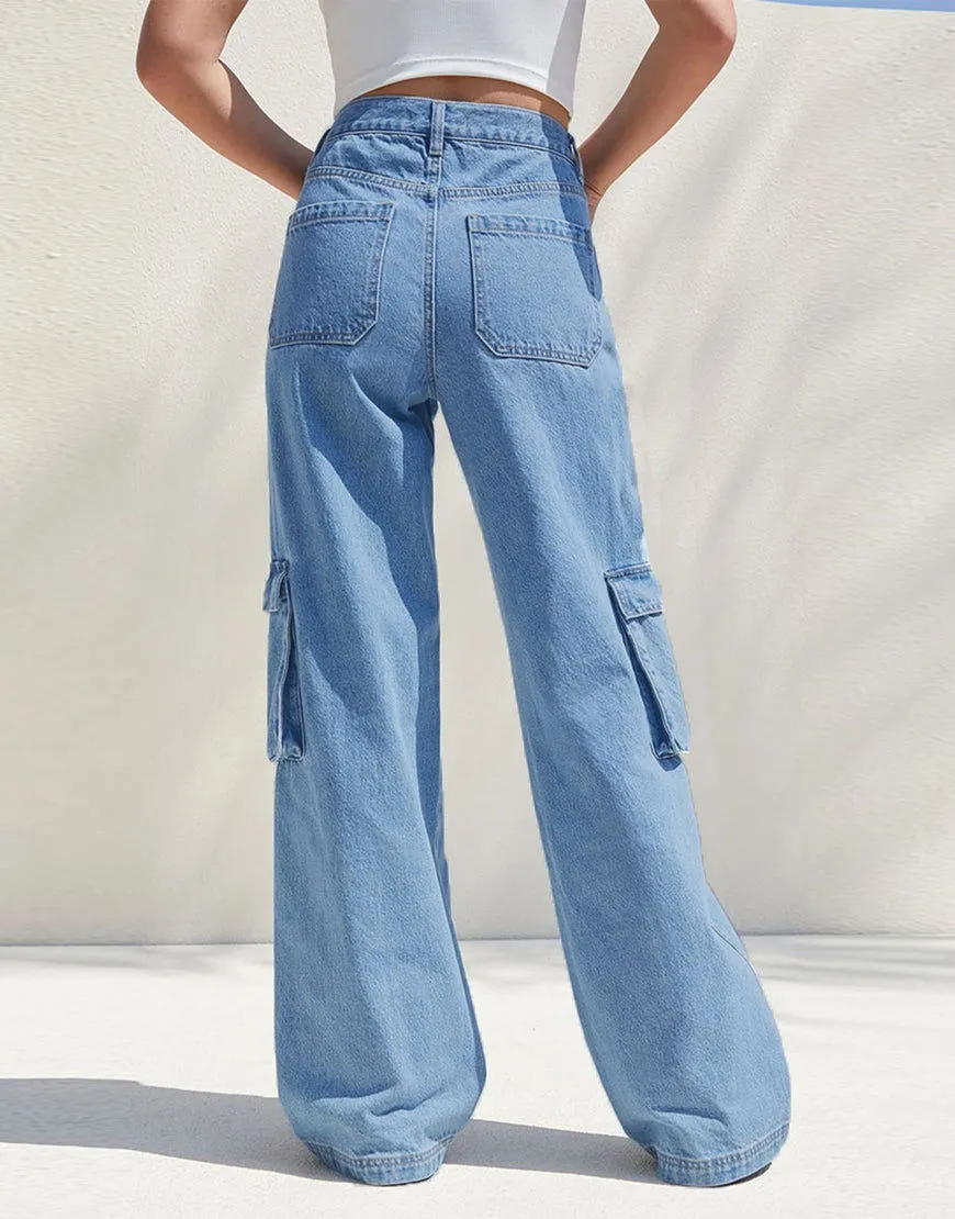 MNG Medium Blue High-Waisted Cargo Wide-Leg Jeans.